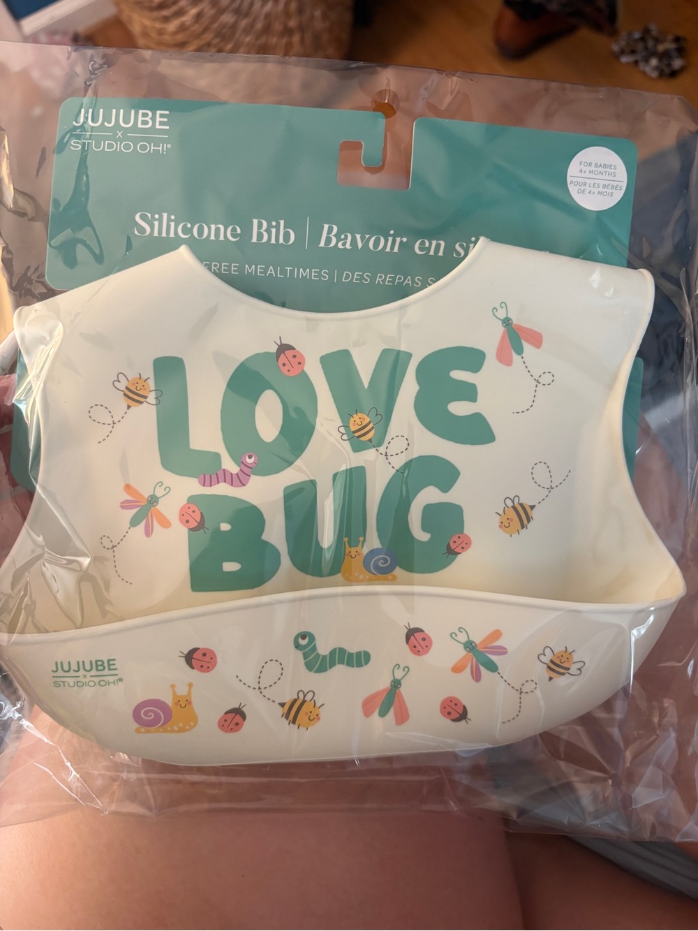 Ju-Ju-Be Silicone Bib in Teal Green and Cream with Bug Print